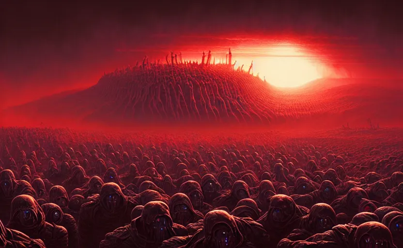 Image similar to cyborg army invading hell by dan mumford and zdzisław beksinski, fine details, digital art, volumetric lighting, cinematic light, photorealistic