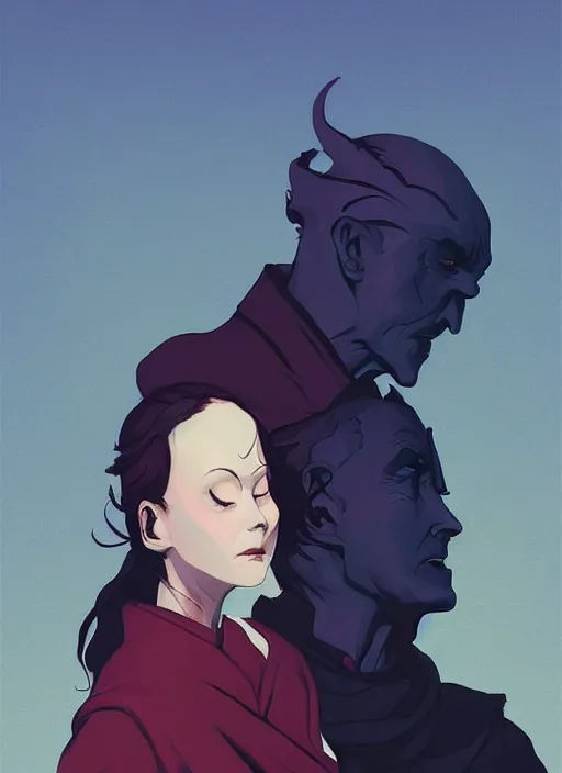 Prompt: a priest and a woman and an englishman looking down depressed, sad mood, dark colors, in the style of artgerm, gerald brom, atey ghailan and mike mignola, vibrant colors and hard shadows and strong rim light, plain background, comic cover art, trending on artstation