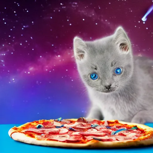 Image similar to A grey kitten standing on a pizza in outer space. The kitten is eating a piece of pizza. Pizza slices flying with angel wings in background, dark cyan galaxy and stars in background, 4K photoshopped image, look at that detail