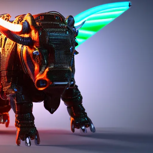 Image similar to a cybertronic buffalo-bull, leds, high detail, sharp, studio, digital art, octane render, redshift, blender-hard-surface, cinema-4d, houdini-hard-surface, machin3, mx2