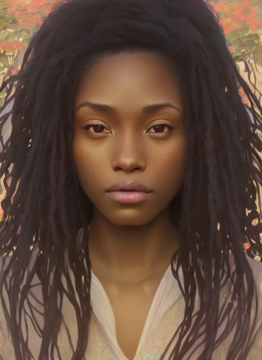 Image similar to pretty young black woman with shoulder length hair, path traced, highly detailed, high quality, digital painting, by studio ghibli and alphonse mucha, leesha hannigan, makoto shinkai, disney