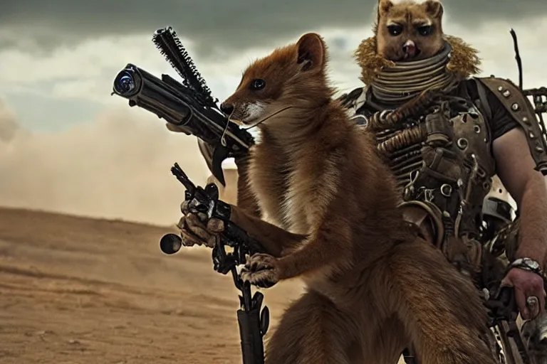 Image similar to a good ol'weasel fursona ( from the furry fandom ), heavily armed and armored facing down armageddon in a dark and gritty version from the makers of mad max : fury road. witness me.