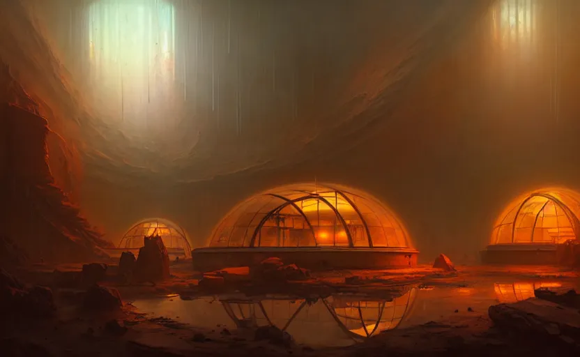 Image similar to abandoned mars biodome, horror sccene, by Greg Rutkowski and Gaston Bussiere, dim lighting, beautiful volumetric-lighting-style atmosphere, futuristic atmosphere, intricate, detailed, photorealistic imagery, artstation, by Evgeny Lushpin