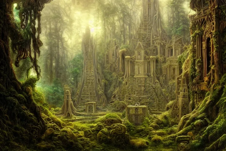 Image similar to a beautiful and highly detailed matte painting of a lost temple in a mystical forest high in the mountains, psychedelic, celtic, intricate details, epic scale, insanely complex, 8 k, sharp focus, photorealism, artstation, cgsociety, by caspar friedrich, albert bierstadt, james gurney, brian froud,