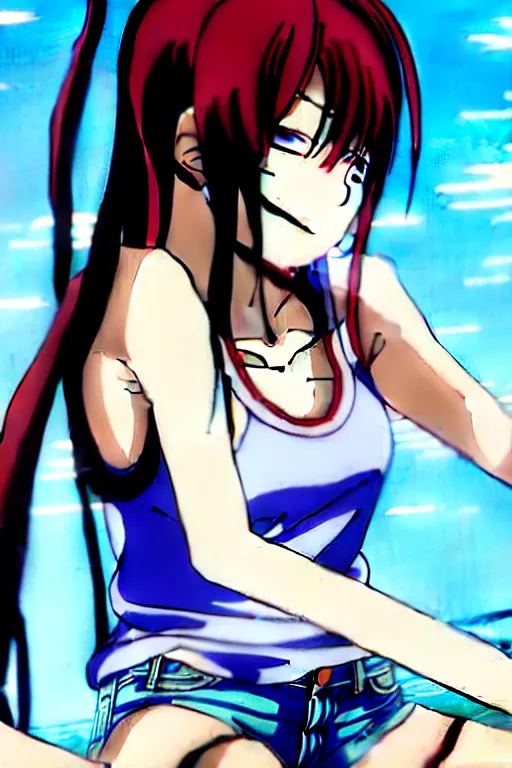 Image similar to style of madhouse anime, rei hiroe, revy from black lagoon, symmetrical eyes and symmetrical face, jean shorts, white tank top, on a boat, smirk on face, evening