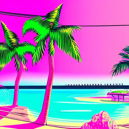 Prompt: synthwave pink beach with palm trees and neon water