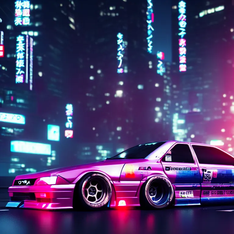 Prompt: toyota jzx 1 0 0 drift with cyberpunk girl standing, detailed - wheels, shibuya prefecture, cinematic lighting, photorealistic, night photography, octane render