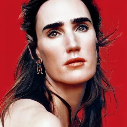 Image similar to portrait of Jennifer Connelly in the style of Mario Testino, cover photo, detailed, 82 mm sigma art, close up