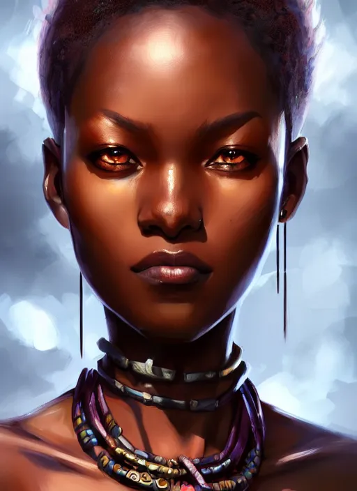 Image similar to character concept art of a dark fantasy african female, key visual, realistic shaded perfect face, fine details, dystopian environment and background, by stanley artgerm lau, wlop, rossdraws, james jean, andrei riabovitchev, marc simonetti, and sakimichan, trending on artstation