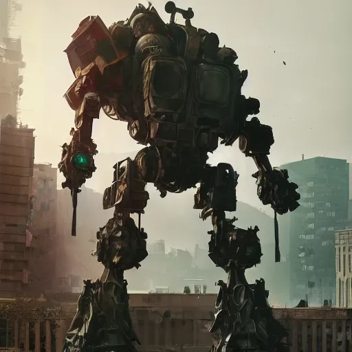 Image similar to six feet tall mech fighting in an urban environment, gaudi, by ismail inceoglu, octane render, by weta digital, cinematic lighting, bump mapped, lumen reflections, action scene screenshot, epic scale, trending on artstation