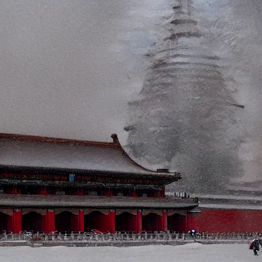 Prompt: forbidden city in snow, trending by greg rutkowski