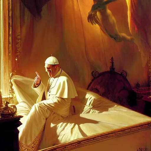 Prompt: the pope wakes up is his bed, sweating, nervous and terrified, a double horned shadow demon lurks in the curtains of the papal bedroom. highly detailed painting by gaston bussiere, j. c. leyendecker, greg rutkowski, craig mullins 8 k