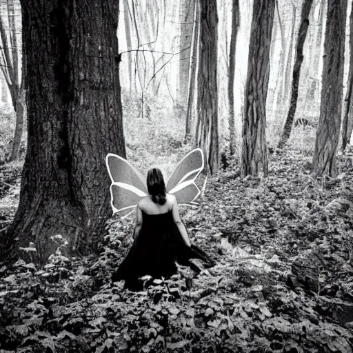 Image similar to Once upon a time there was a fairy in the forest and everything around her became black and white.