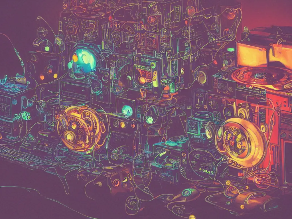 Image similar to a person wearing goggles and visor and headphones using a steampunk record player contraption, wires and tubes, turntablism dj scratching, intricate planetary gears, cinematic, imax, sharp focus, leds, bokeh, iridescent, black light, fog machine, hazy, lasers, art by simon stalenhag and beeple