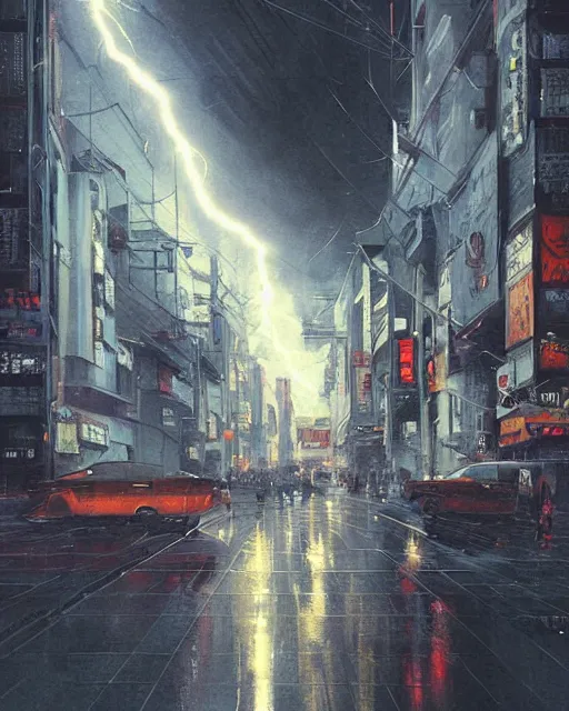 Prompt: a highly detailed epic cinematic concept art CG render digital painting artwork: Tokyo in lightning storm . By Greg Rutkowski, in the style of Francis Bacon and Syd Mead and Norman Rockwell and Beksinski, open ceiling, highly detailed, painted by Francis Bacon and Edward Hopper, painted by James Gilleard, surrealism, airbrush, Ilya Kuvshinov, WLOP, Stanley Artgerm, very coherent, triadic color scheme, art by Takato Yamamoto and James Jean