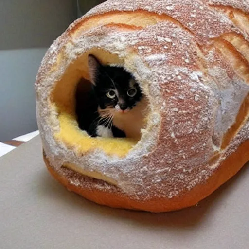 Image similar to kitten living inside a bread, hyper detailed