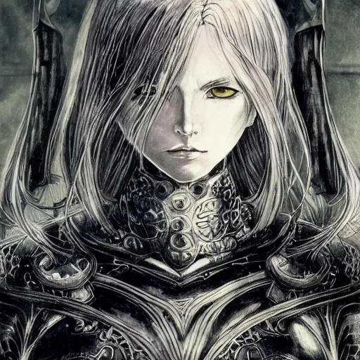 Prompt: character portrait of a girl with wavy white hair and black eyes in the style of yoshitaka amano drawn by alex maleev, highly detailed, elden ring armor with engraving, blurred edges, film grain effect