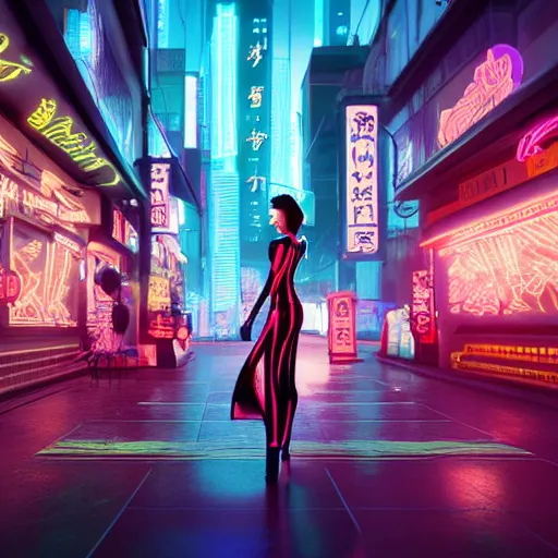 Image similar to innovative avant-garde art, deco fashion, asian women, neon lights, highly detailed, photorealistic portrait, cyberpunk city street, night time, crisp quality and light reflections, unreal engine 5 quality render