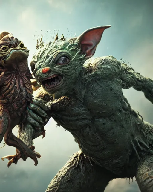 Image similar to highly detailed portrait of a movie gremlin, attacking a human warrior. depth of field, breathtaking, detailed and intricate environment, 8 k resolution, hyperrealistic, octane render