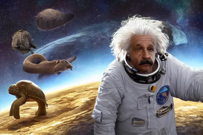 Image similar to still fullbody photo of sad albert einstein in spacesuit in space, flat earth on elephants and turtle at background, highly detailed, photorealistic shot, bright studio setting, studio lighting, crisp quality and light reflections, unreal engine 5 quality render