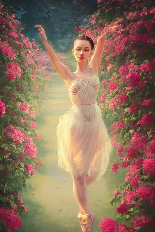 Image similar to stunningly beautiful, prima ballerina in rose garden, symmetrical face, golden hour, smooth, focus, highly detailed, hyper realistic, dramatic lighting, elegant, intricate, concept art, art by wlop, mars ravelo, greg rutowski, artstation