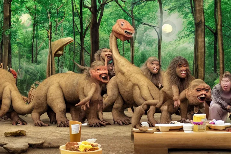 Image similar to photo, neanderthal people, sumo japanese, eating inside mcdonalds, surrounded by dinosaurs!, gigantic forest trees, sitting on rocks, bright moon