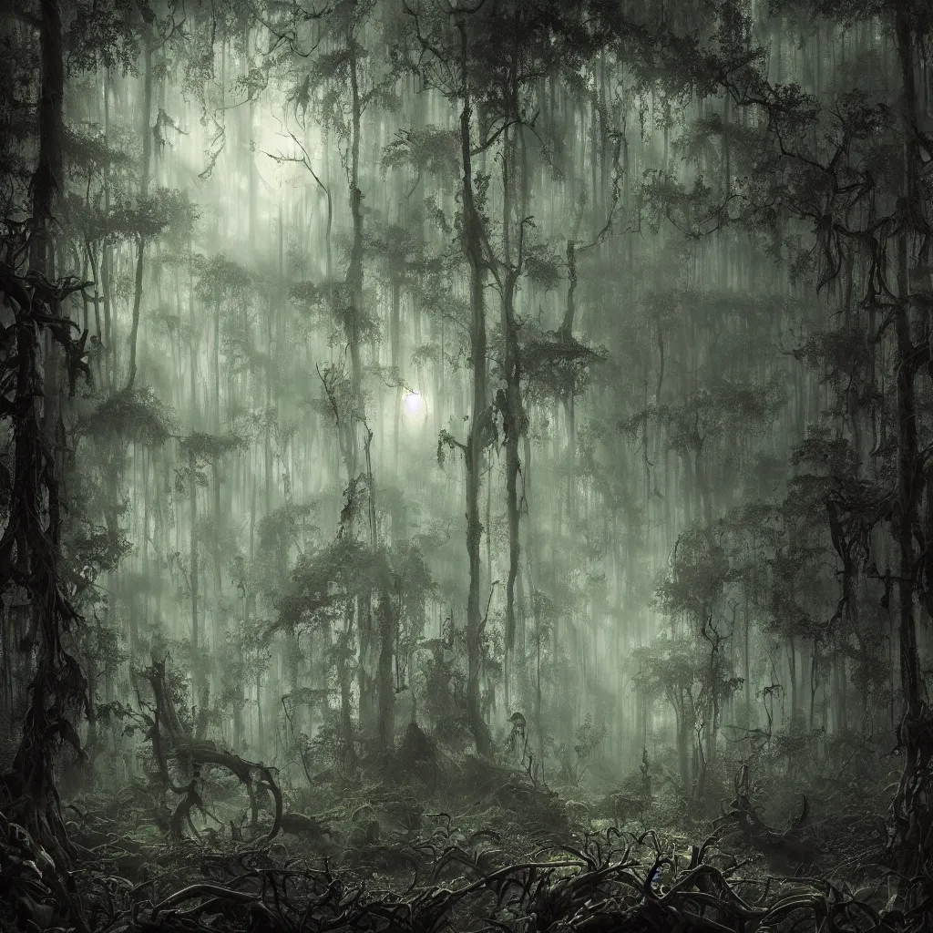 Image similar to a dark lush enchanted swamp forest at dusk, upward cinematic angle, evil atmosphere, by Michael Kaluta, P. Craig Russell and Andreas Rocha, eerie moonlight, beautiful composition, intricate, elegant, digital art, detailed, mixed media painting, hyperrealistic, sharp focus, 8k