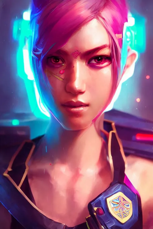 Image similar to cailyn from league of legends, cyberpunk futuristic neon. wearing police uniform, decorated with traditional japanese ornaments by ismail inceoglu dragan bibin hans thoma greg rutkowski alexandros pyromallis nekro rene maritte illustrated, perfect face, fine details, realistic shaded, fine - face, pretty face