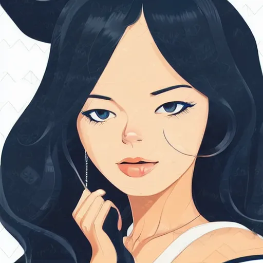 Image similar to beautiful curvy woman with long black hair, tanned skin, taking a selfie. clean cel shaded vector art. shutterstock. behance hd by lois van baarle, artgerm, helen huang, by makoto shinkai and ilya kuvshinov, rossdraws, illustration,