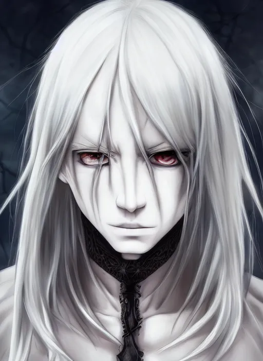 Prompt: detailed portrait art of death in a white shirt, white straight hair, anisocoria eyes, and the bone is exposed on the right forehead, art by krenz, very detailed, intricate, digital anime art, sharp focus