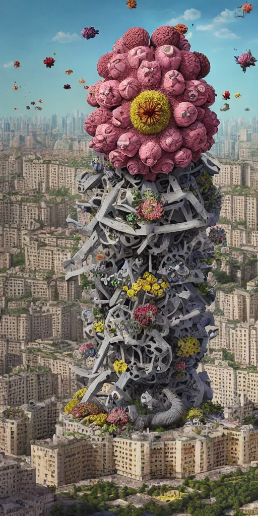 Image similar to colossal grotesque flower made from best unfulfilled mankind projects in the middle of abandoned post soviet constructivist cityscape, Stalinist architecture, ultradetailed, Intricate by Hayao Miyazaki and Josan Gonzalez and Makoto Shinkai and Giuseppe Arcimboldo and Wes Anderson