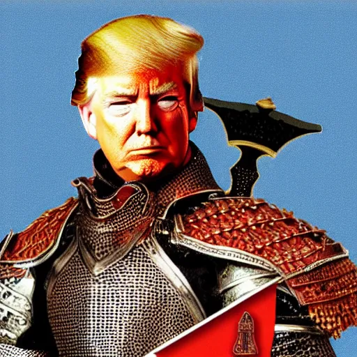 Prompt: donald trump wearing knights armor, holding one broadsword, by hans holdein, donald trumps highly detailed handsome face, two arms, two legs