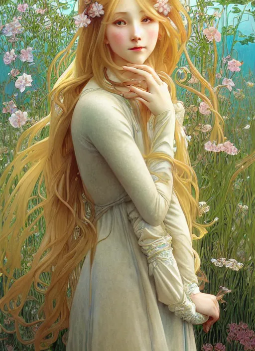 Prompt: pretty young woman with long blond hair, half body shot, path traced, highly detailed, high quality, digital painting, by studio ghibli and alphonse mucha, leesha hannigan, hidari, art nouveau, chiho aoshima, jules bastien - lepage