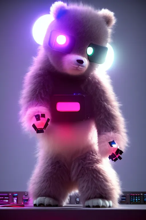 Prompt: high quality 3 d render very cute fluffy cyborg!! bear plays moog synthesizer, cyberpunk highly detailed, unreal engine cinematic smooth, in the style of blade runner & detective pikachu, hannah yata charlie immer, moody light, low angle, uhd 8 k, sharp focus