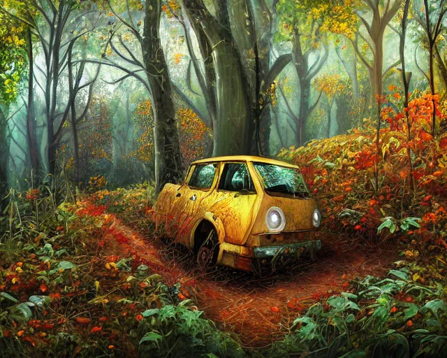 Image similar to A painting of an overgrown car in a forest, vines coming down from the tall trees, autumn, rocky ground, digital art, trending on Artstation, immaculate scale, amazing composition, cartoon illustration