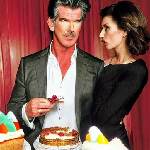Prompt: tabloid photograph showing pierce brosnan forcing a skinny woman to eat cake against her will