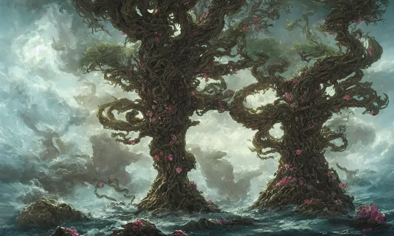 Prompt: a beautiful painting of a huge sacred, mystical, mysterious tree on an island blooming with exotic glowing flowers and bugs in the middle of a violent tumultuous sea by john blanche and greg rutkowski, trending on artstation, midjourney