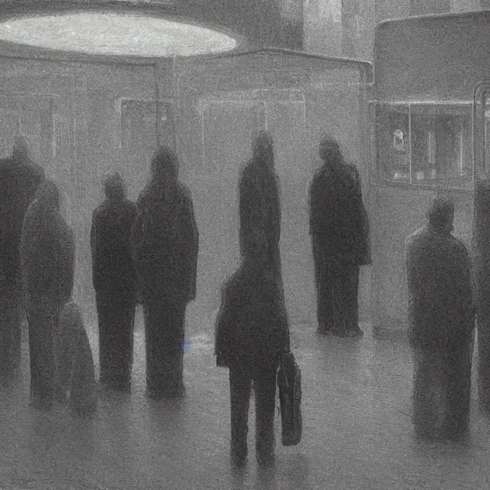 Image similar to fisheye lens, people waiting in the bus stop at dark city night, highly detailed, artstation, art by zdislav beksinski, wayne barlowe, edward hopper