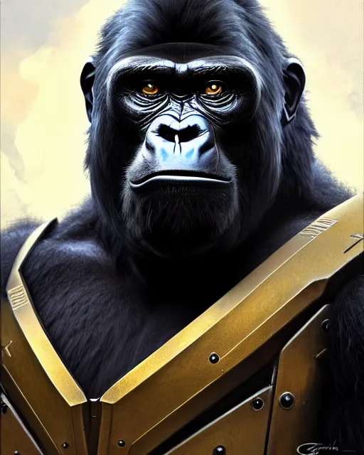 Prompt: winston the gorilla in his armor from overwatch, character portrait, portrait, close up, concept art, intricate details, highly detailed by greg rutkowski, michael whelan and gustave dore