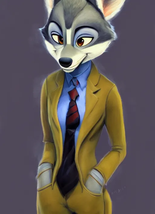 Image similar to oil painting of detailed full body of anthromorphic female wolf, in style of zootopia, zootopia, zootopia, fursona, furry, furaffinity, 4 k, deviantart, furry art, fursona art, wearing black business suit, business suit, in style of zootopia, wolf fursona, cyberpunk, female, expressive detailed feminine face,