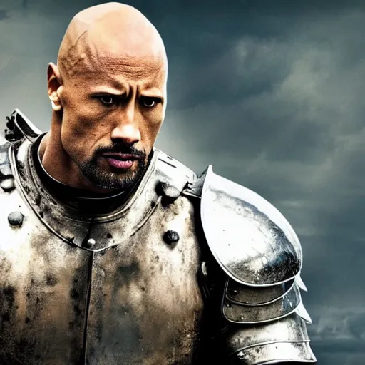 Image similar to Dwayne Johnson as a knight fully in armor 4k quality