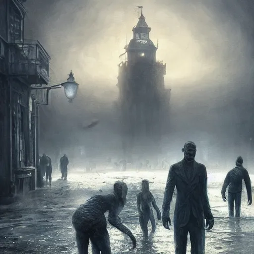Image similar to shadow over innsmouth, people walking out of water, painted by seb mckinnon, high detail, dramatic light, digital art, painted by greg rutkowski, promotional movie posterart, trending on artstation
