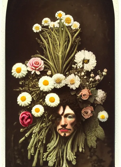 Prompt: beautiful and detailed rotten male made of plants and many types of stylized flowers like carnation, daisy, chrysanthemum, anemone, roses and tulips, intricate, surreal, john constable, gustave courbet, caravaggio, romero ressendi, bruno walpoth 1 9 1 0 polaroid photo