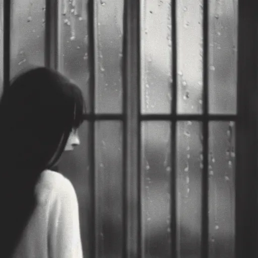 Prompt: greyscale analog polaroid portrait photograph of a beautiful young woman looking out of a rainy window, depth of field, bokeh, filmgrain, folded photo, foldlines