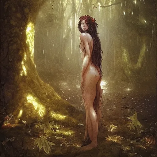Image similar to portrait of a dryad, in a forest of fey autumn maples, her skin glistens with rainwater by greg rutkowski and brian froud dark mysterious, filtered evening light