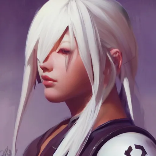 Image similar to greg manchess portrait painting of a 2 yorha type a no. 2 as overwatch character, white long hair, medium shot, asymmetrical, profile picture, organic painting, sunny day, matte painting, bold shapes, hard edges, street art, trending on artstation, by huang guangjian and gil elvgren and sachin teng