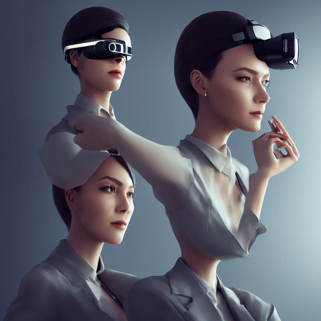 Image similar to beautiful render, futuristic businesswoman with VR headset, intricate, elegant, highly detailed, digital painting, artstation, concept art, smooth, sharp focus, octane render, dramatic lighting