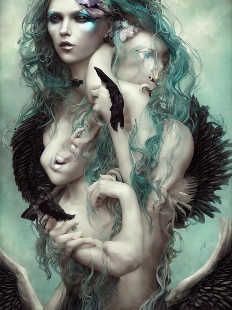 Image similar to a seapunk portrait of a harpy with shadowy eyes and bonewhite hair, with black glossy lips, hyperrealistic, award-winning, masterpiece, in the style of Tom Bagshaw, Cedric Peyravernay, Peter Mohrbacher