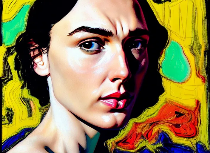 Image similar to portrait of gal gadot, by vincent lefevre and hernan bas and pat steir and hilma af klint, psychological, photorealistic, dripping paint, washy brush, rendered in octane, altermodern, masterpiece