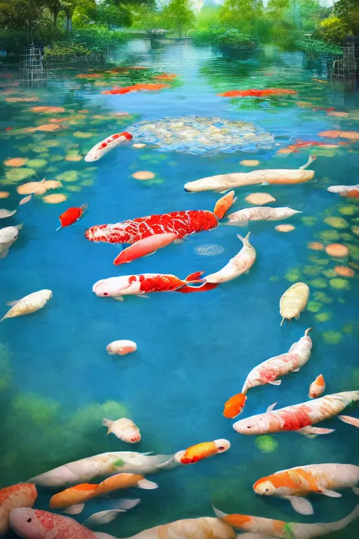 Prompt: nenufar in a pond surrounded by koi carp, colorful, blue backgroung,clean, joyful, intricate, elegant, volumetric lighting, scenery, digital painting, highly detailed, artstation, sharp focus, illustration, concept art, ruan jia, steve mccurry